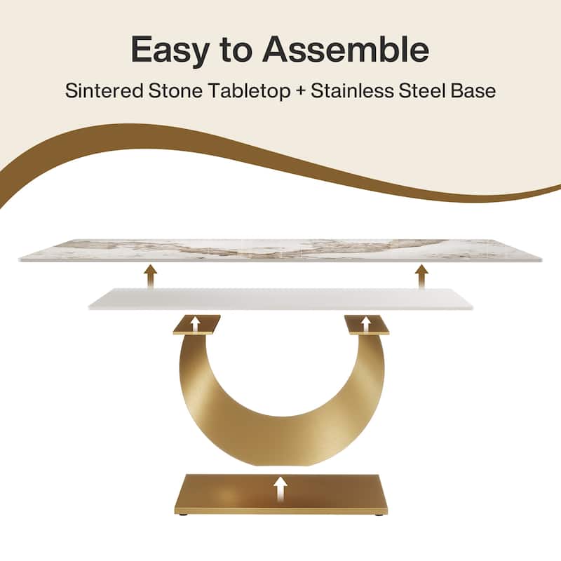 Luxury Kitchen Table with Snowy White Pandora Sintered Stone Tabletop, 79 Inches Sintered Stone Dining Table