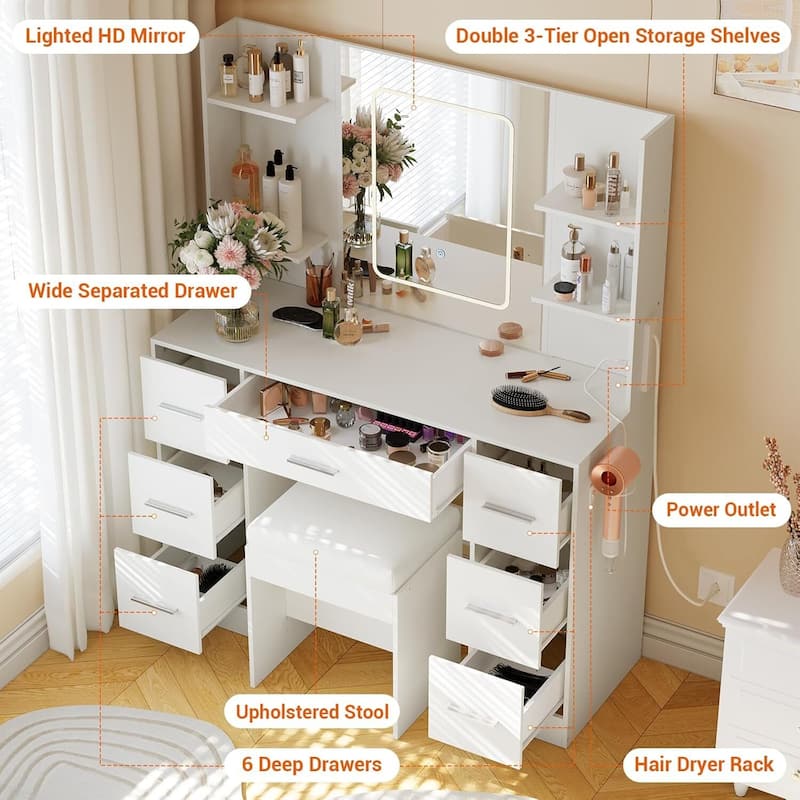 7 Drawers Vanity Desk, Makeup Vanity Table with Touch LED Light Mirror