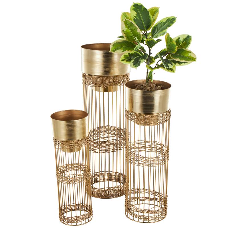 Silver or Gold Metal Caged Wire Planter with Woven Seagrass Accents (Set of 3)