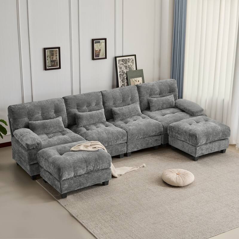 119" Chenille Sectional Sofa with 2 Ottomans and 4 Pillows, Adjustable Backrests