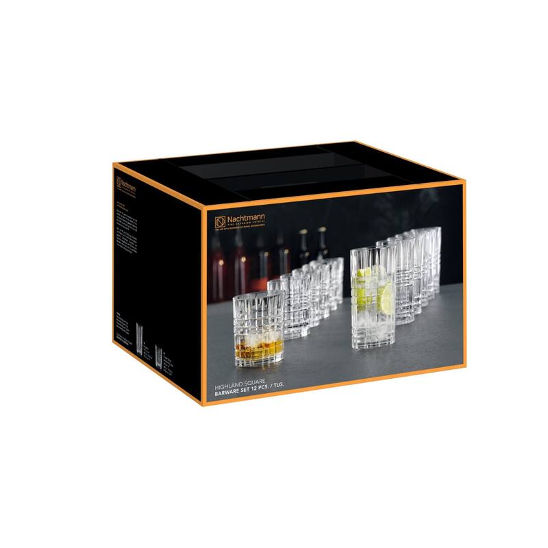 Nachtmann Highland Square 12 Piece Mixed Drinkware Set - 15 oz Highball and 11 oz lowball Glasses