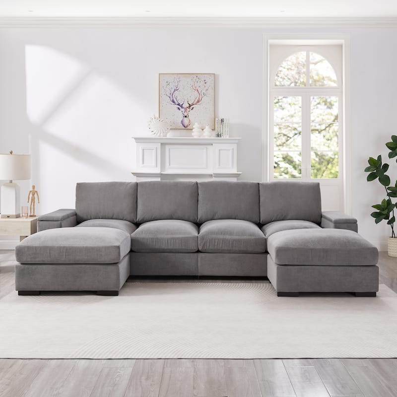 U-Shaped Sectional Sofa with Movable Ottomans, Comfy Corduroy Deep Seat Sofa, Large 4 Seat Sofa with Storage Armrests - Gray