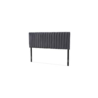 Grey Velvet Fabric Upholstered King Size Headboard with Dark Brown Wood Frame and Modern Sophisticated Style