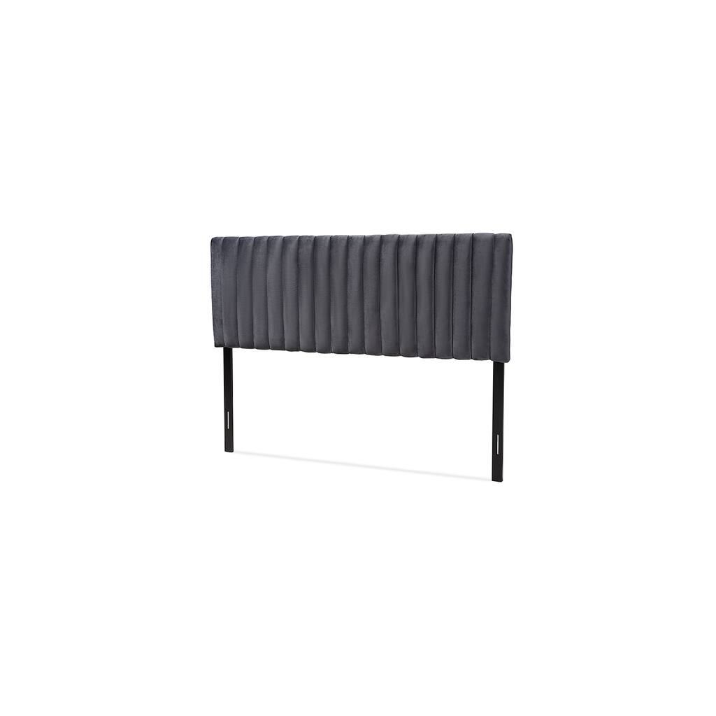 Grey Velvet Fabric Upholstered King Size Headboard with Dark Brown Wood Frame and Modern Sophisticated Style