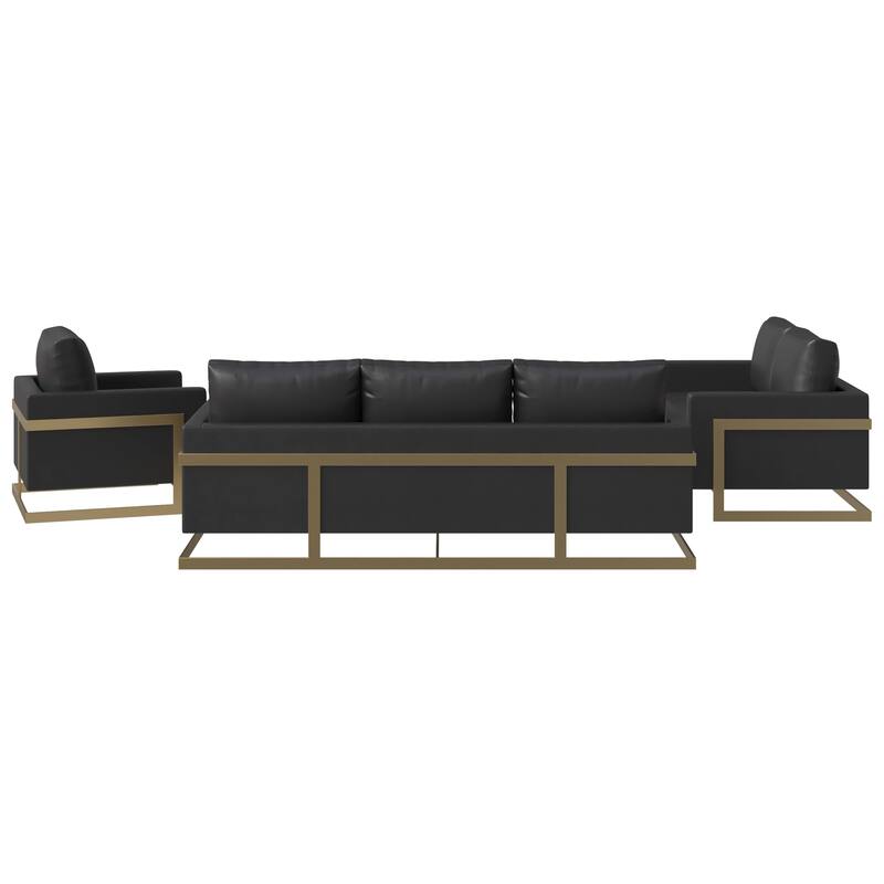 3-Piece Leather Sofa Set with Gold Stainless Steel Base and Removable Cushions