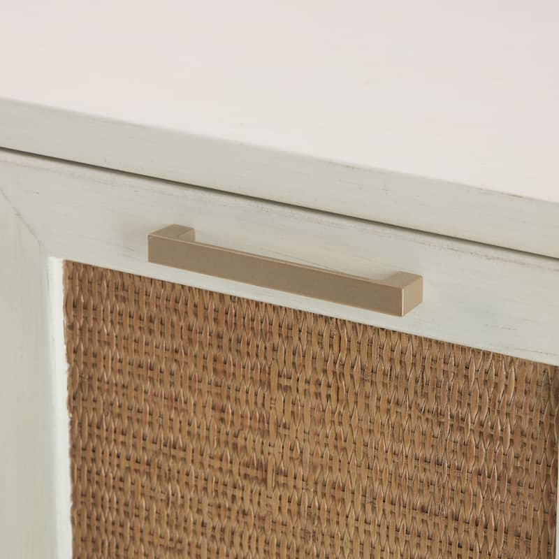 Wooden 4 Door Sideboard with Brown Woven Rattan Doors and Metal Base - White - Roche River Decor - 16"W x 60"L x 31"H