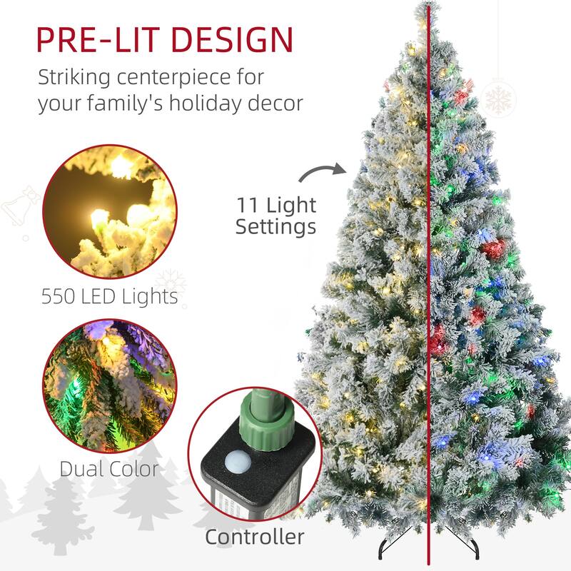 Snow Flocked 7.5ft Christmas Tree, 550 LED Lights, Easy Assembly with Steel Base, Xmas Tree for Home Holiday Decoration