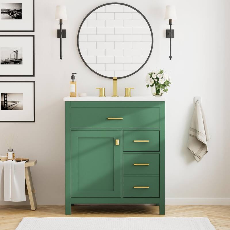 30-Inch Blue Bathroom Vanity with Ceramic Undermount Sink, 1 Soft-Close Door, 3 Storage Boxes, and Gold Handles