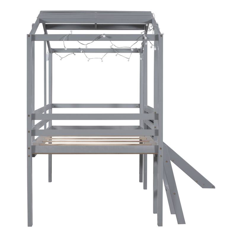 Twin Loft Bed with Slide, Ladder, Blackboard, and Roof Light Strip, Gray