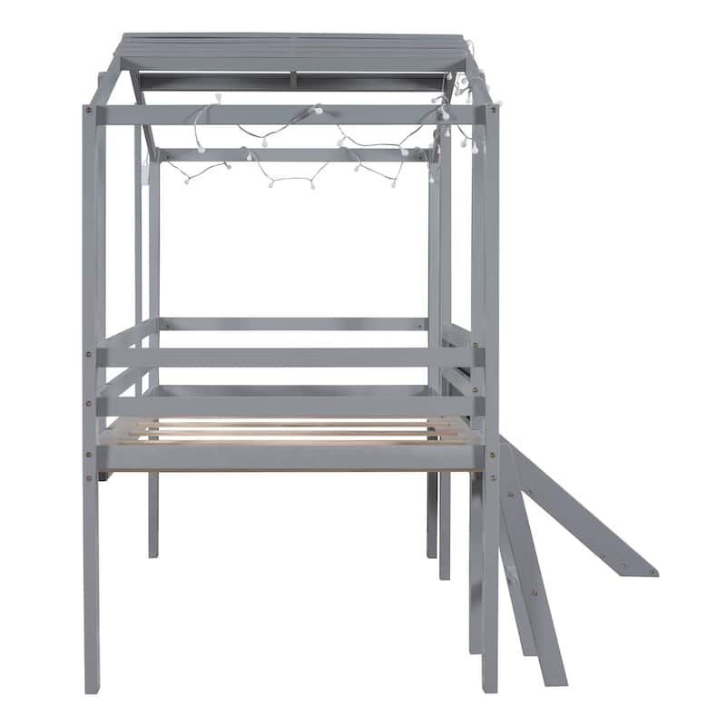 Twin Size Loft Bed House Bed with Slide, Light Strip and Blackboard