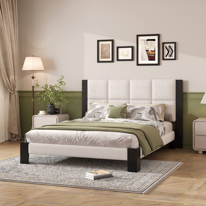 Roomfitters Queen Boucle Platform Bed Frame with Square-Stitched Headboard, Upholstered Mid-Century Modern Mattress Base, Beige - Beige+Black