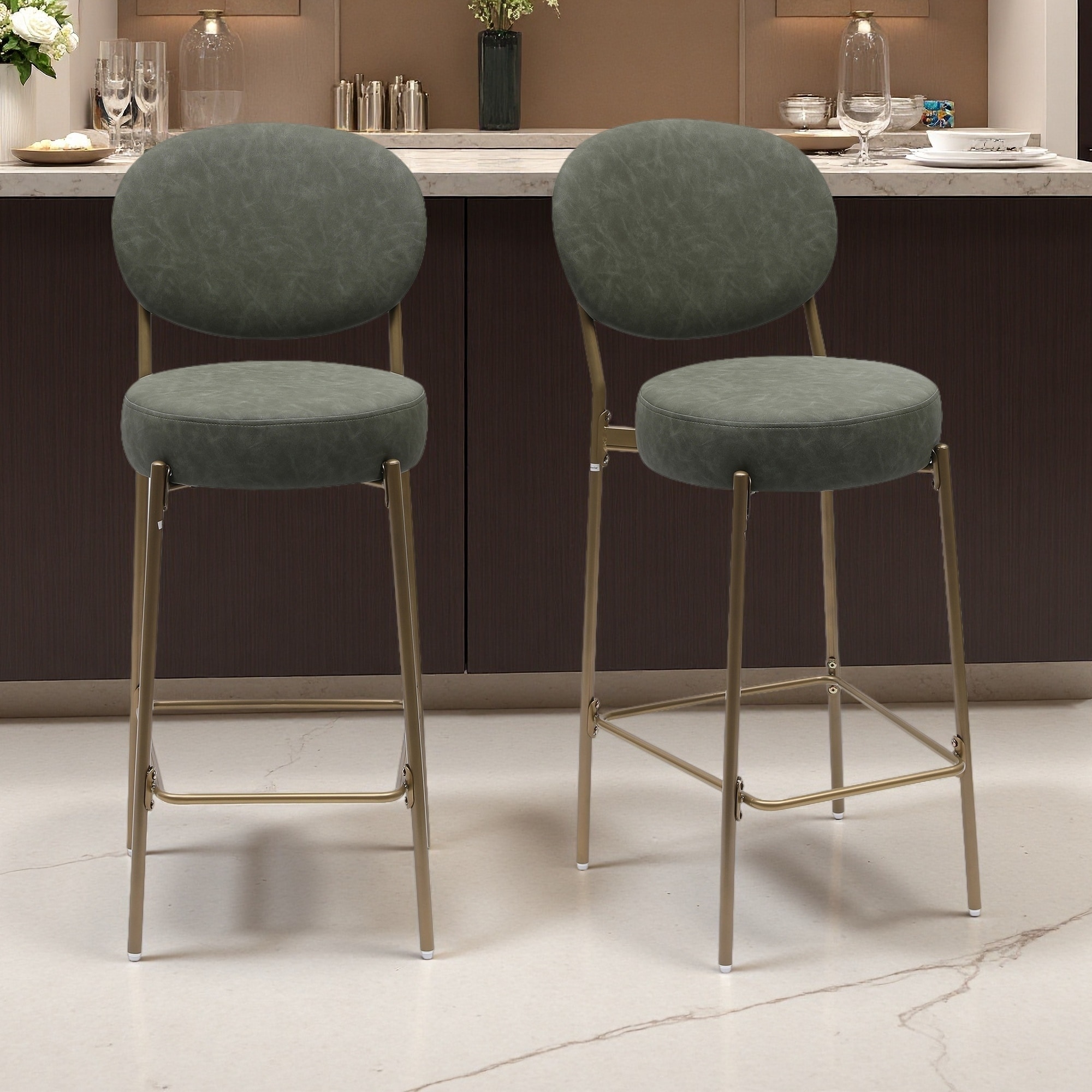 Faux Leather Bar Stools Set of 2 with Golden Legs