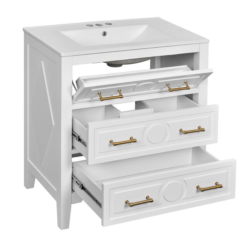 GDFStudio - Wellington Retro Freestanding Double Bathroom Vanity Set with Ceramic Sink and 3 Storage Drawers - 60'W