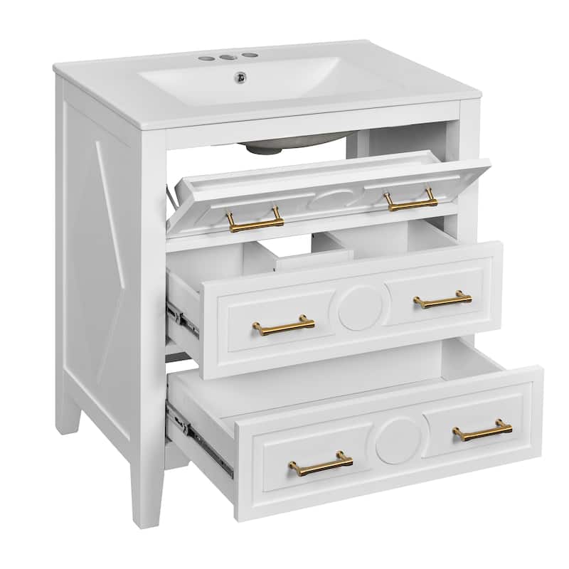 GDFStudio - Wimborne Retro Freestanding Bathroom Vanity with Ceramic Sink and 3 Storage Drawers - 30'W