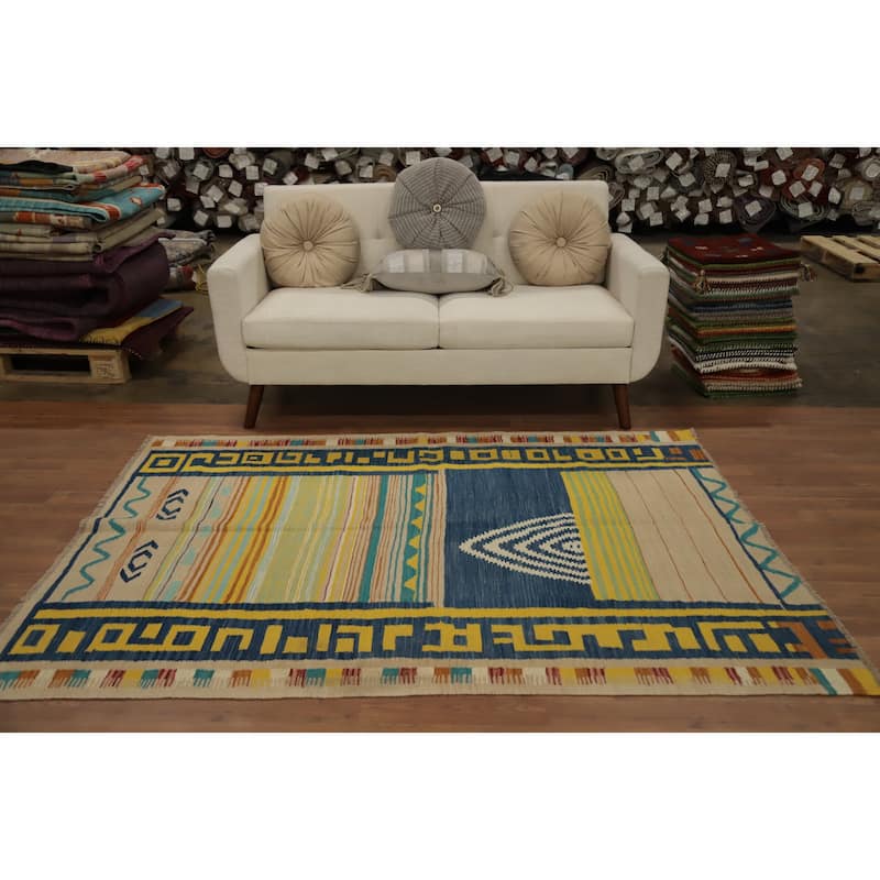 Hand Woven Oriental 100% Wool Carpet Southwestern Tribal Multi-Colored Kilim Area Rug - 6' 6'' X 4' 10''