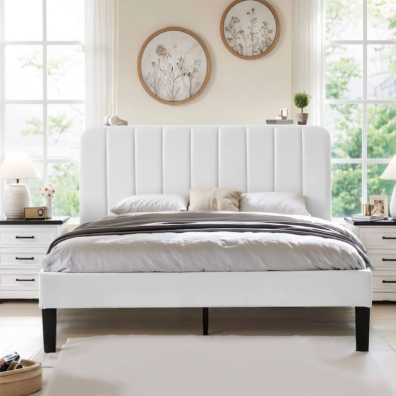 Javlergo Upholstered Platform Bed Frames with Height Adjustable Headboard, Sturdy Wooden Slats/Noise-free - White - Full
