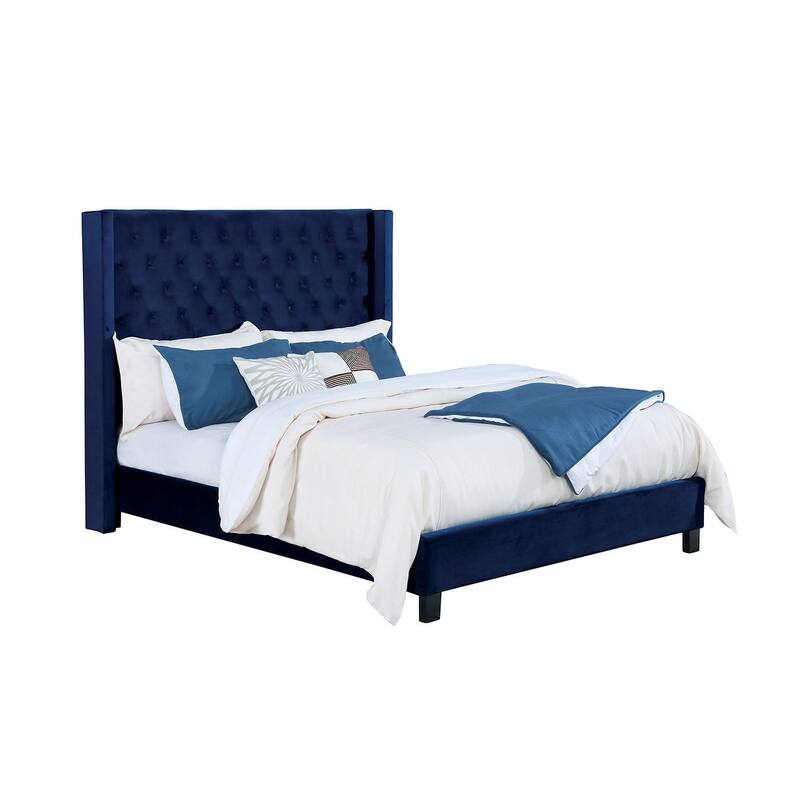 Transitional Navy Finish Button Tufted Headboard 1 piece Platform Bed