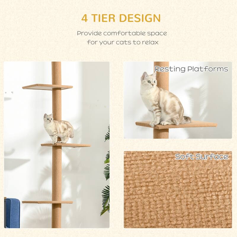 Floor-to-Ceiling Cat Tree Cat Climbing Tower with Sisal-Covered Scratching Posts Natural Cat Tree Activity Center - Brown