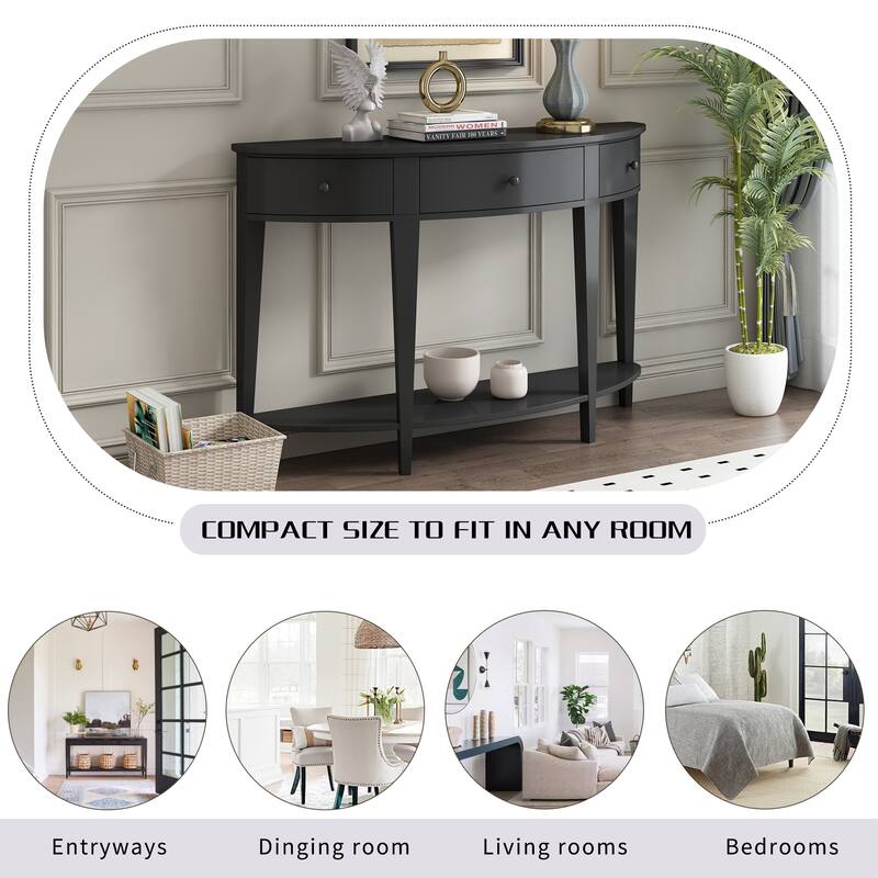 Half Moon Console Table with 3 Storage Drawers, Wood Sofa Table with Round Handles, Narrow Hallway Table with 1 Bottom Shelf