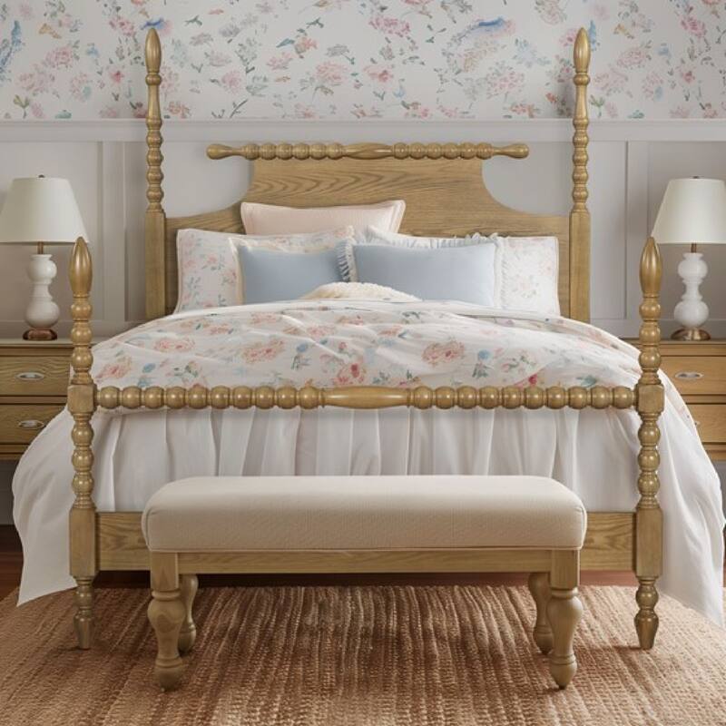 Roomfitters Traditional Four Poster Bed, Queen Size Solid Wood Frame with Rolling Pin Turned Posts and Slats, Natural