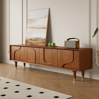 70.87" Mid Century TV Stands, Solid Wood with 4 Cabinets, Brown Media Console for Livingroom