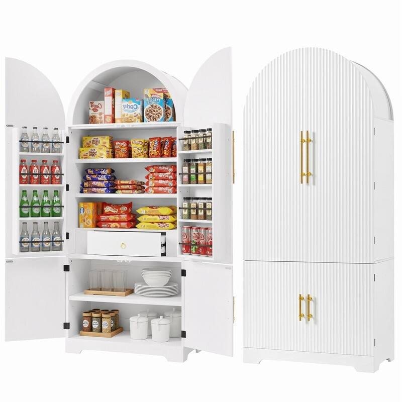 Arched 72" Tall Kitchen Pantry Cabinet with 8 Door Shelves and 3 Adjustable Shelves for Kitchen Storage Solutions