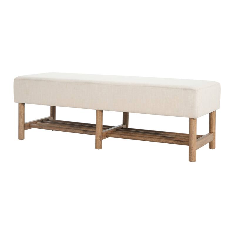 Roomfitters Rectangular Upholstered Ottoman Bench with Linen Fabric Seat and Solid Wood Legs, Beige
