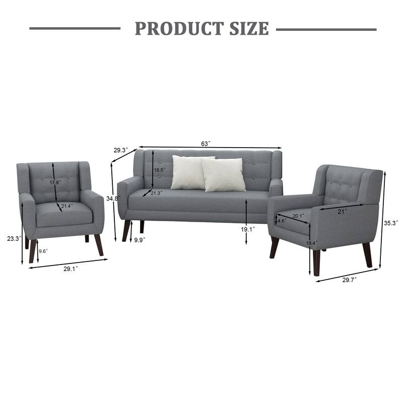 3-Piece Tufted Linen Armchair and Loveseat Set