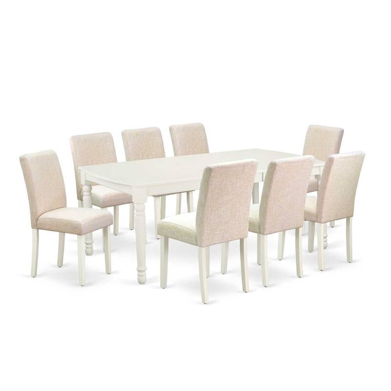 Nordic Dining Table Set 9Pc - 60x78 Inch Rectangle Table w/ Leaf & 8 Linen Chairs - Light Beige Fabric