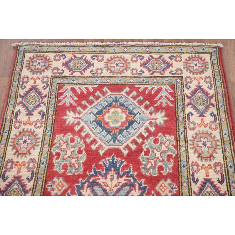 Hand Knotted Oriental 100% Wool Carpet Traditional Geometric Red Kazak Area Rug - 6' 5'' X 2' 8''