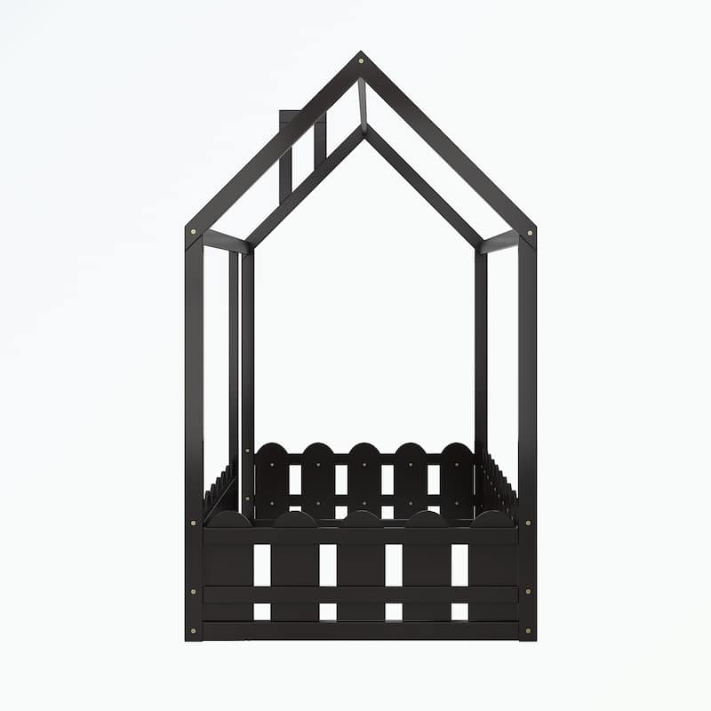 Twin Size Wood Bed House Bed Frame with Fence