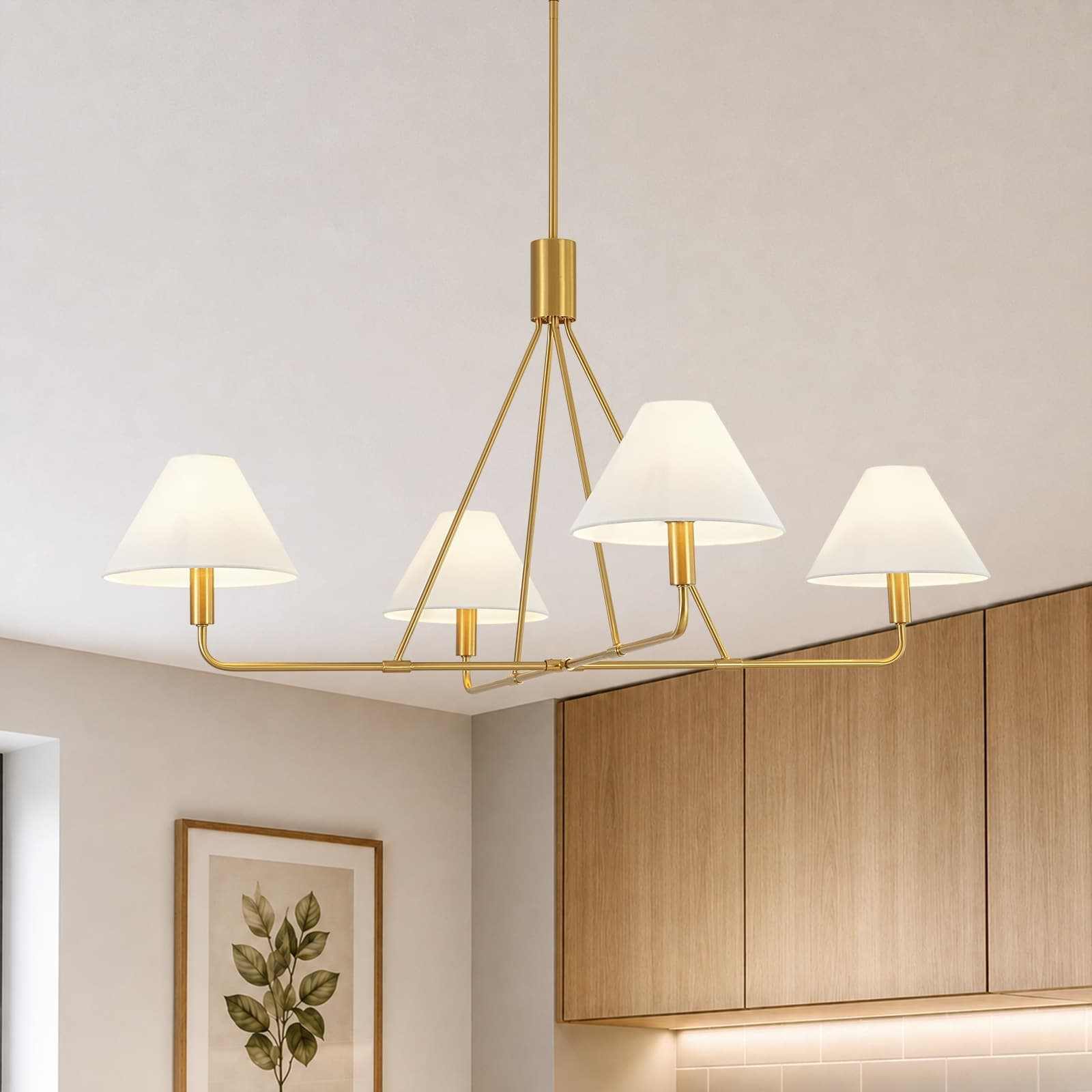Mid-Century Modern 4-Light Conical Fabric Brass Chandelier