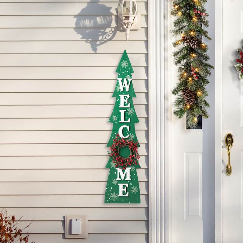 Glitzhome 42"H Christmas Wooden "WELCOME" Porch Sign with Wreath - Green - 42"