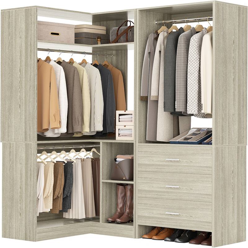 Set of 2 Freestanding Corner Closet Organizer with Drawers, Walk-in Closet System with Hanging Rods
