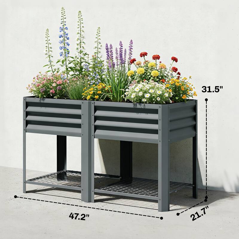 Outsunny Galvanized Steel Raised Garden Bed with Storage Shelf and Bed Liner, Elevated Planter Box with Legs
