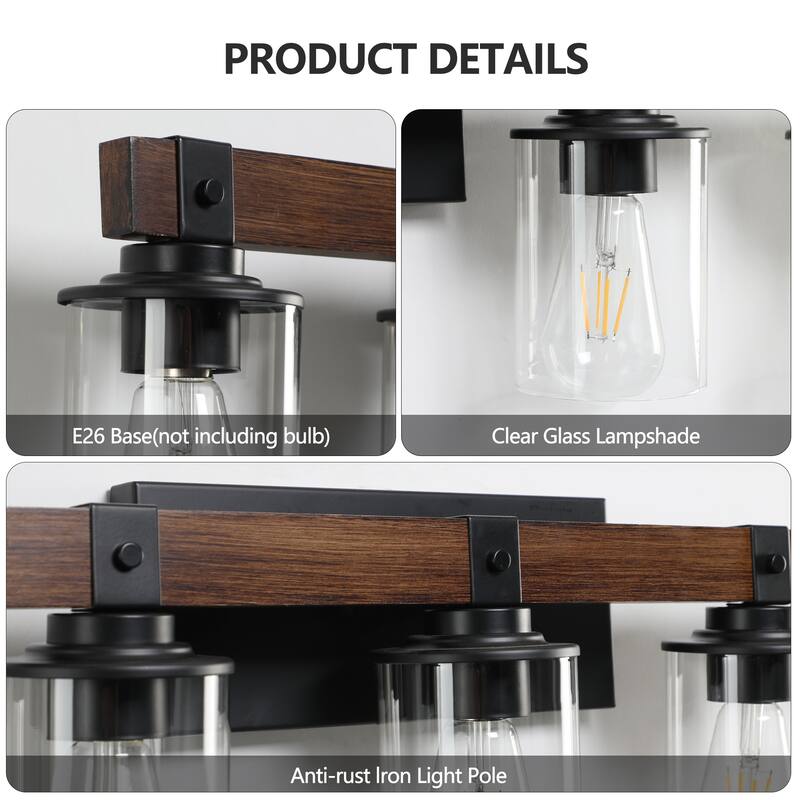 42" Rustic 6-Light Vanity Light, Industrial Bathroom Wall Sconce with Glass Shades and Wood Accent (No Bulbs) - Walnut