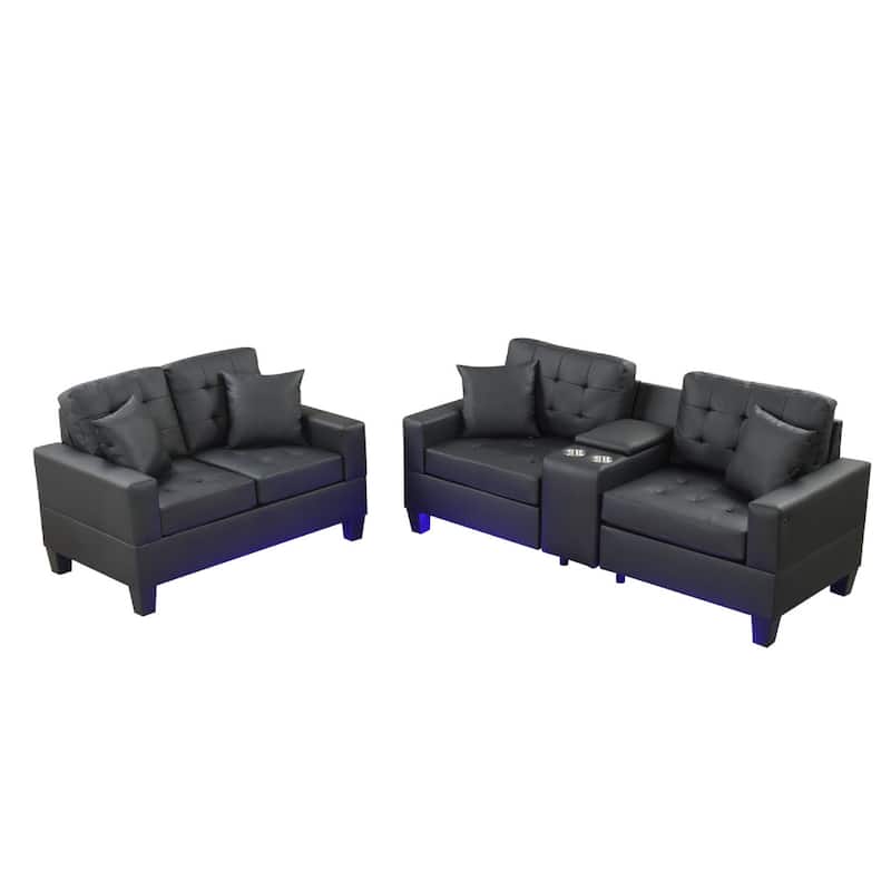 Iris Sofa and Loveseat Set, LED, USB, Cupholders, Black Faux Leather