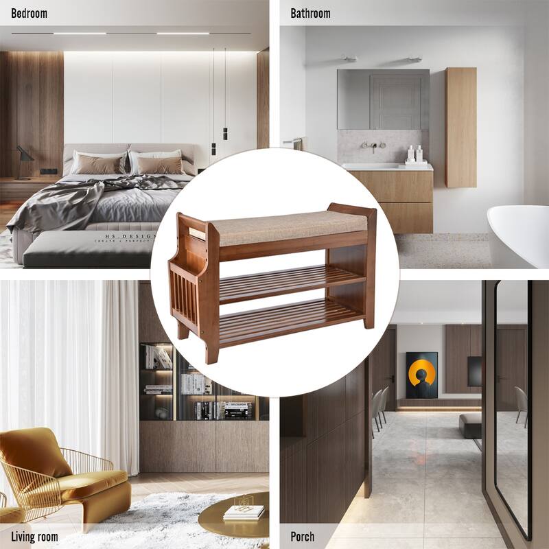 2 Tier Entryway Shoe Storage Organizer Shelf Bamboo Bench - 39.6*11.6*19.6