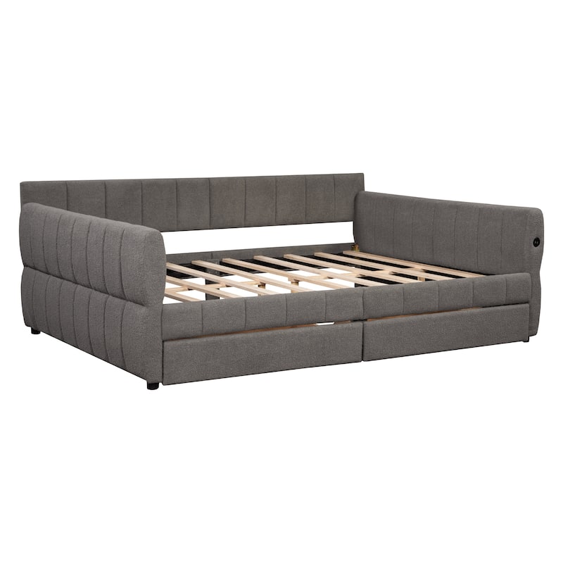 Modern Fabric Upholstered Daybed Queen Size Sofa Bed Frame with Backrest and Armrests, USB Charging Ports, No Box Spring Needed