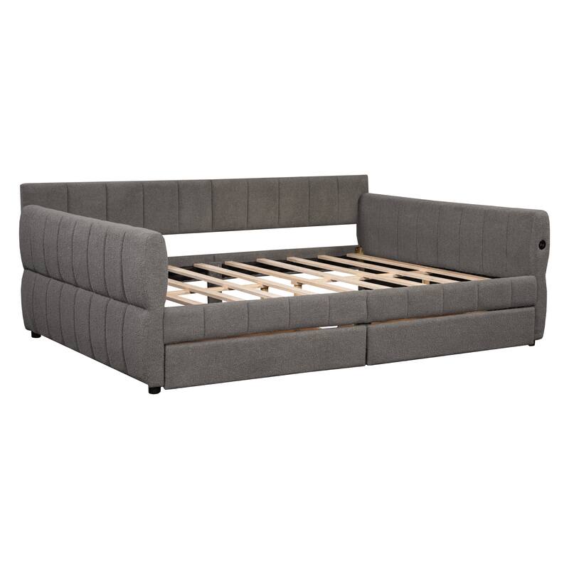 Queen Size Upholstered Platform Bed with USB and 2 Storage Drawers, Low Profile Bed Frame with Wood Slatted Support