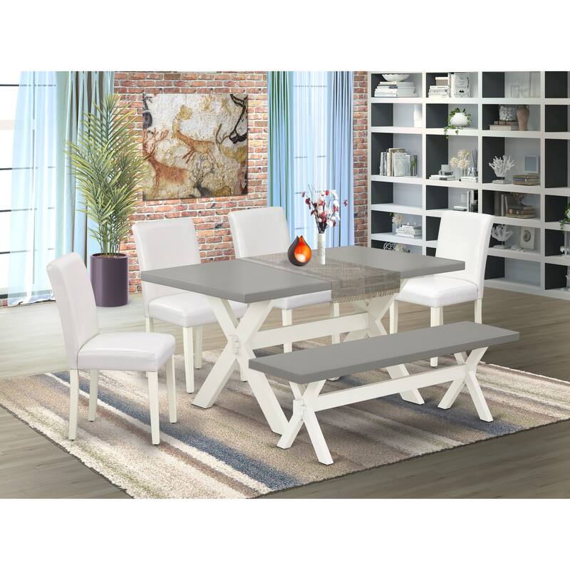 East West Furniture Dining Table Set- a Wooden Table and White Faux Leather Upholstered Chairs, Linen White(Pieces Options)