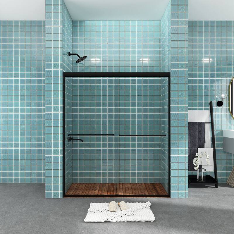48/54/60 Inch Double Sliding Framed Shower Door with Clear Tempered Glass - 48" x 70" - Matte Black