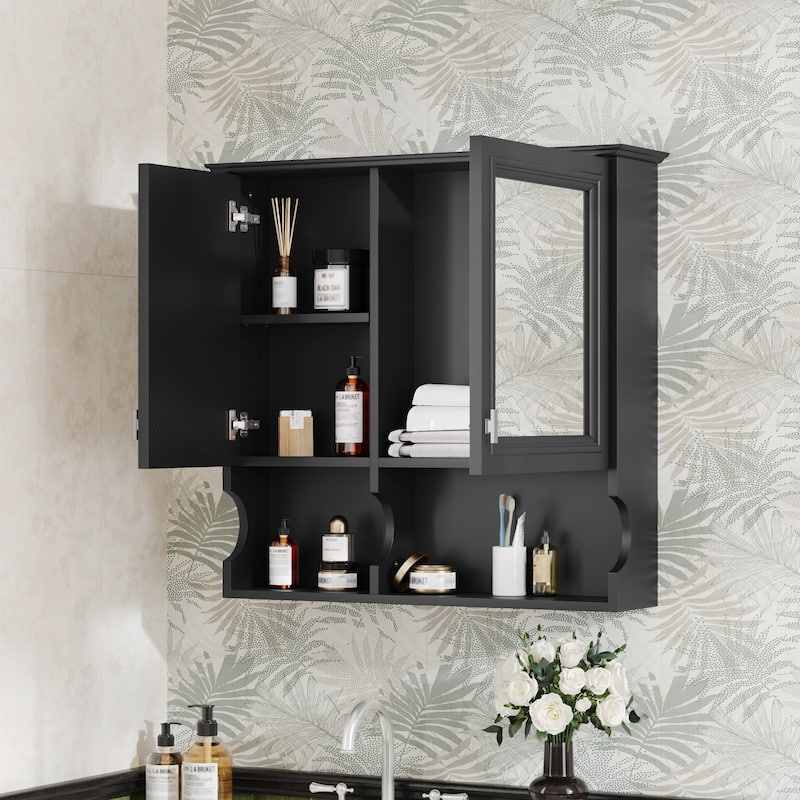 30 Inch Mirror Medicine Cabinet with Open Shelves - Black