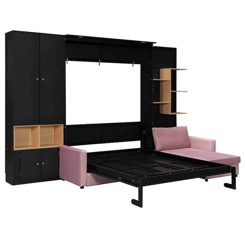 Queen Murphy Bed with Sofa and Cabinets Space Saving Sofa Wall Bed with Open Shelves and Dual Lights for Living Room Guest Room