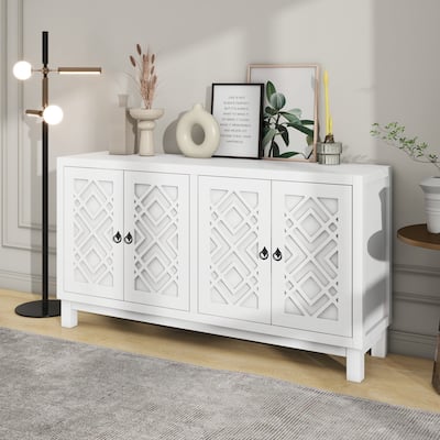 Large 4-Door Sideboard Buffet Cabinet with Rhombus Hollow Doors, Adjustable Shelves and Pull Ring Handles for Living Room, White