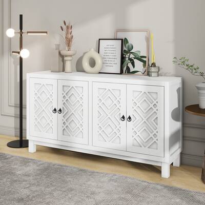 White MDF Storage cabinet 4 Door Buffet Cabinet with Pull Ring Handles for Living Room Dining Room