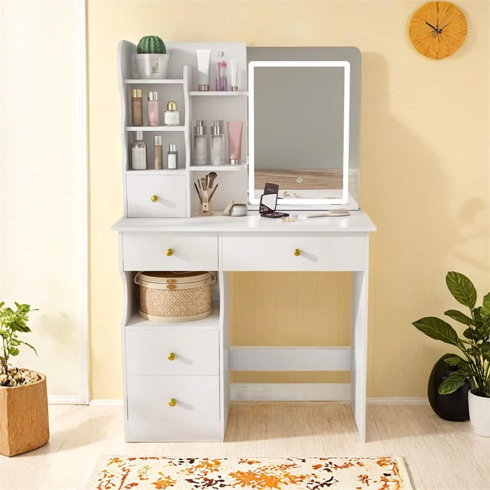 White Dressing Table,Mirror and LED Light,5-Drawer Dressing Table