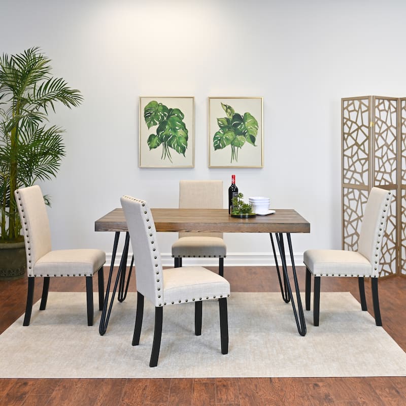 Roundhill Furniture Amisos 5-Piece Dining Set, Hairpin Dining Table with 4 Chairs - Tan