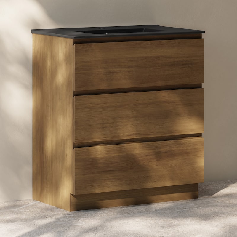Liberte 30" Freestanding Bathroom Vanity In Brown Oak With Black Sink Top - 30