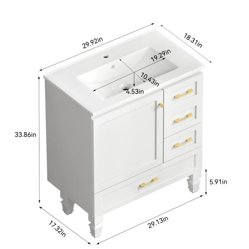 30" Bathroom Vanity Cabinet with Soft-Close Door & 3 Drawers, MDF Storage Vanity for Modern & Transitional Bathrooms